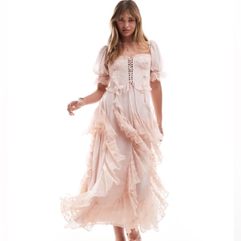 Miss Selfridge Lace Ruffle Maxi Dress in Pink
